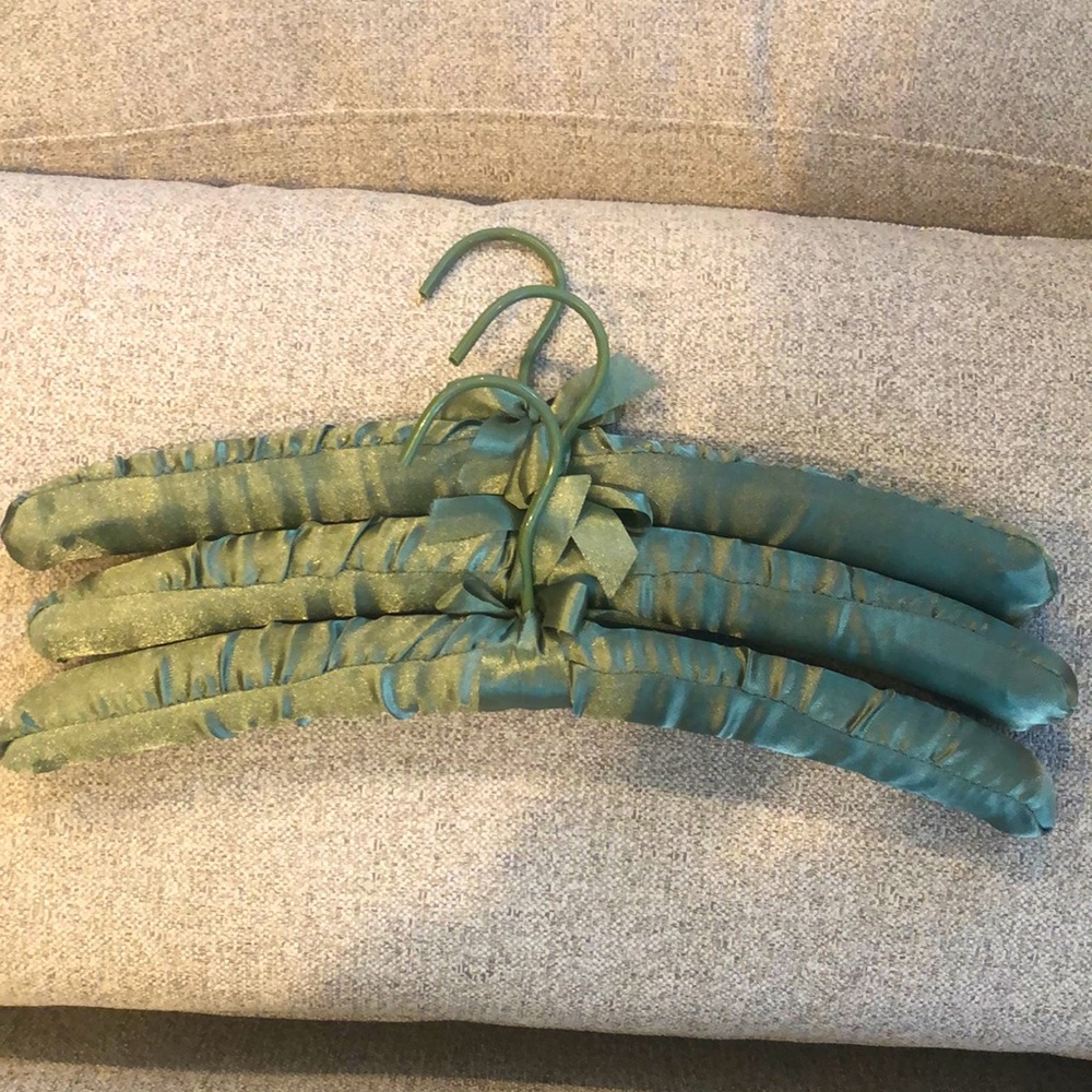 Soft green satin closet hangers (3) for delicates or intimates (standard size)